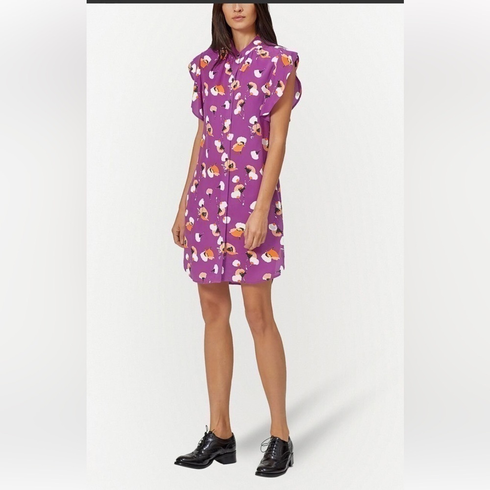 EUC Equipment Femme Floral Printed Ruffle Sleeve Pockets Silk Shirtdress M